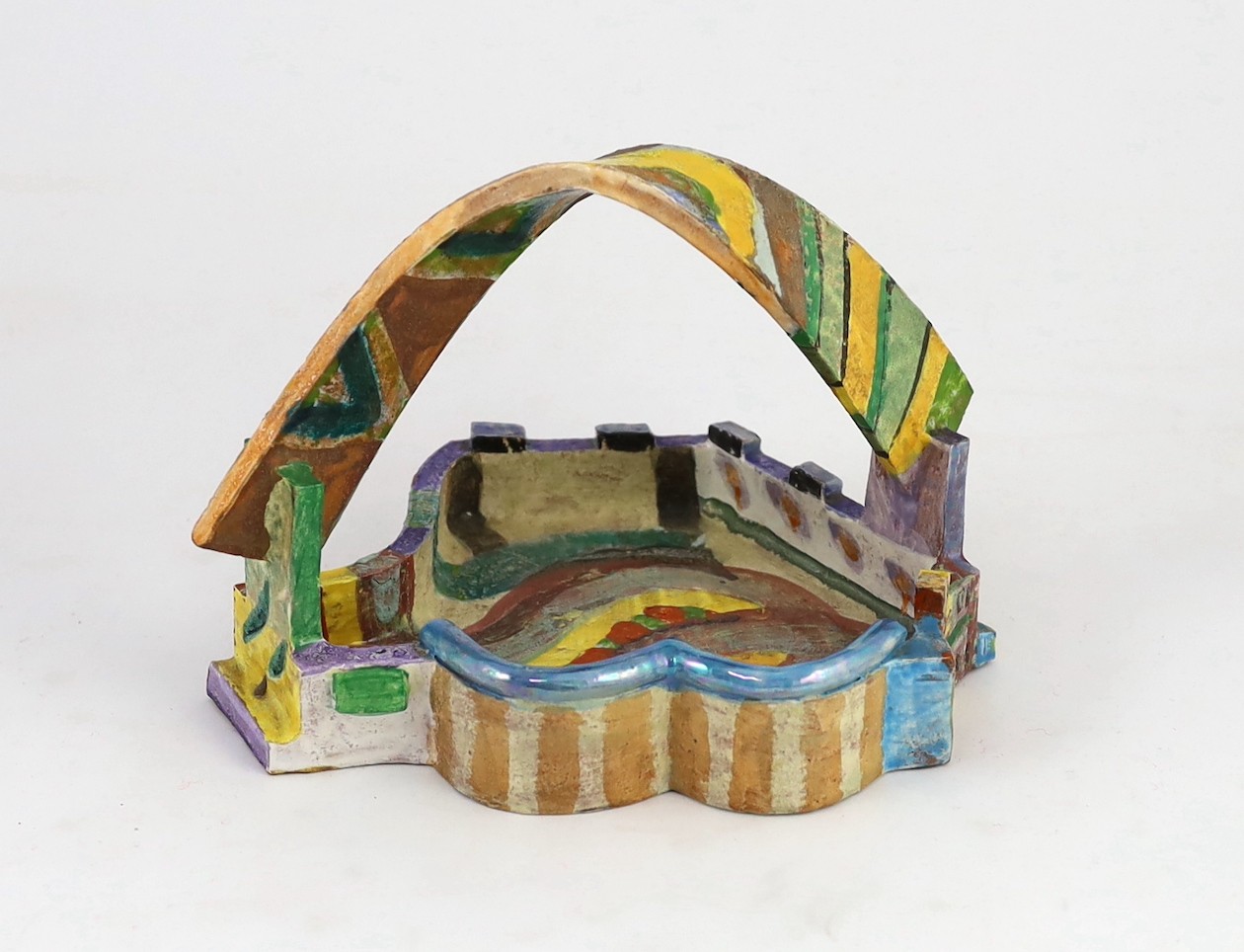 Angus Suttie (1946-1993), a multicoloured glazed stoneware dish or basket, 21.6cm wide 16.5cm high